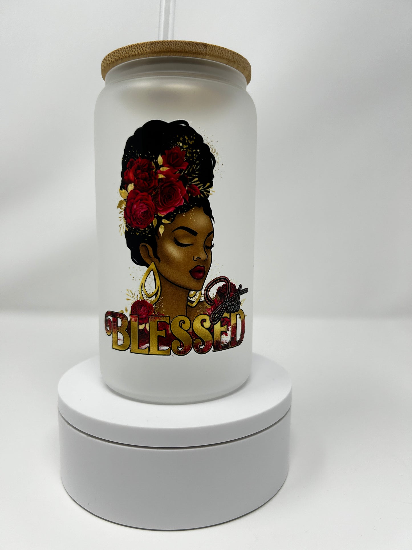 "Just Blessed " Frosted Glass with Bamboo Lid